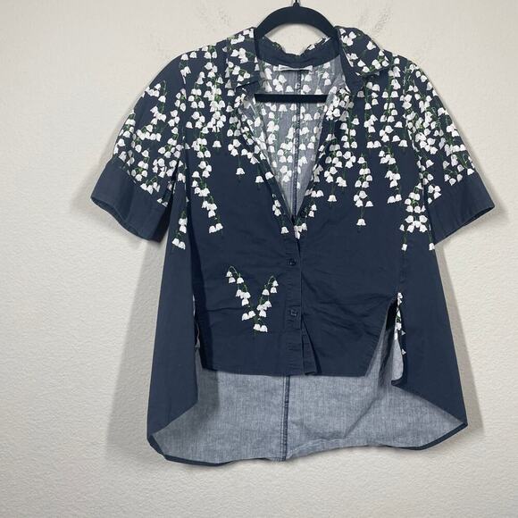 Adam Lippes 6 Floral Trapeze Top Shirt Black Cotton High Low Button Up - Picture 6 of 11